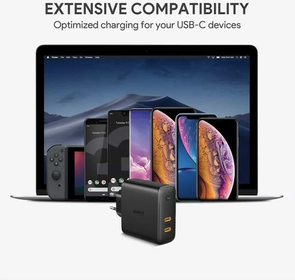 Prenosni polnilec za telefon AUKEY PA-D5, 2x USB-C, 63W, 6A, črn