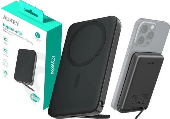 Power bank, 6700 mAh, 20 W, LED, USB-C, črn, AUKEY PB-MS01 MagSafe