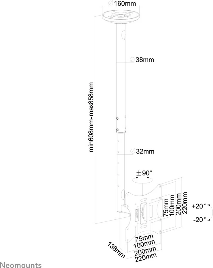 Stropni nosilec za monitor/TV Neomounts FPMA-C060BLACK, 10–40 palcev, nastavljiva višina, črn Stropni nosilec za monitor/TV Neomounts FPMA-C060BLACK, 10–40 palcev, nastavljiva višina, črn