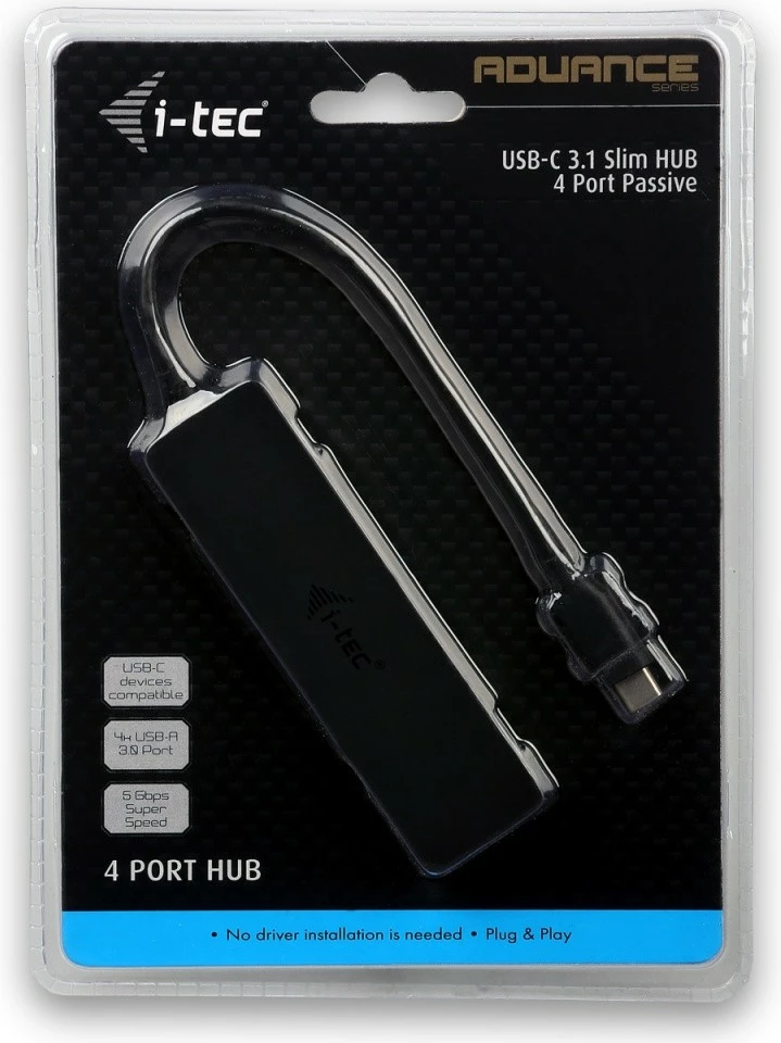 Tanek pasivni USB-C razdelilec i-tec C31HUB404, 4x USB 3.0, črn