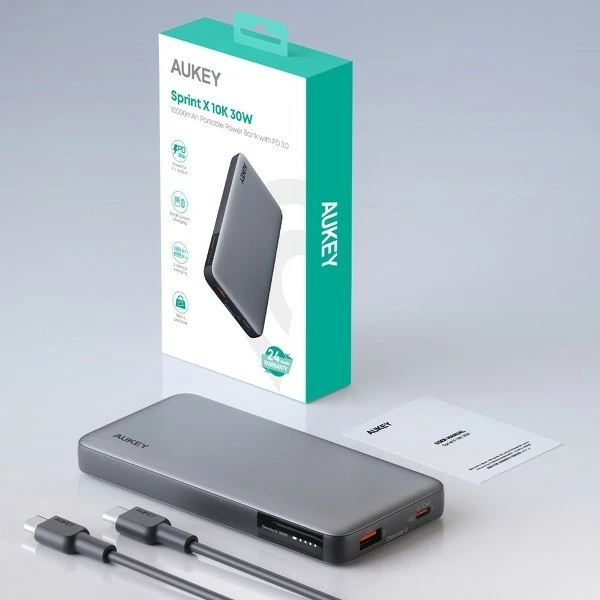 Power bank 10000mAh, 30 W, 2x USB, LED, siv AUKEY PB-Y41