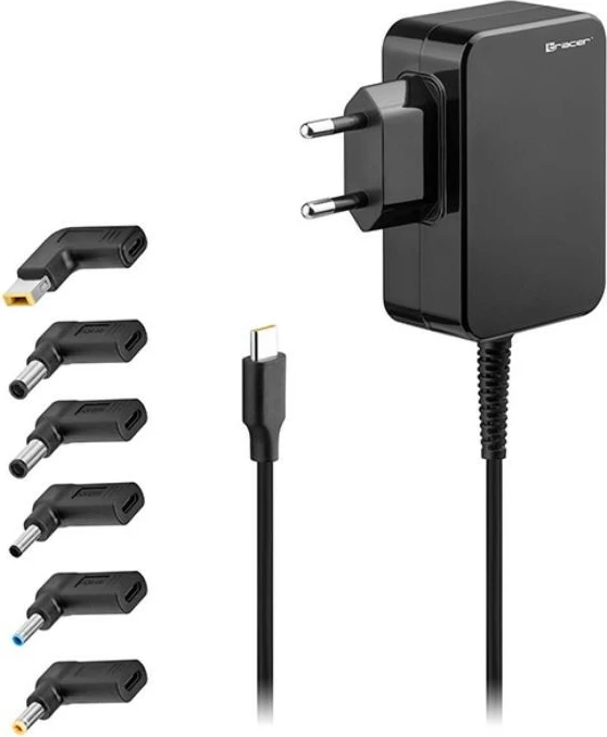 Univerzalni napajalnik 65W 7-v-1 z USB-C in 6 zamenljivimi konektorji, Tracer Prime, črn