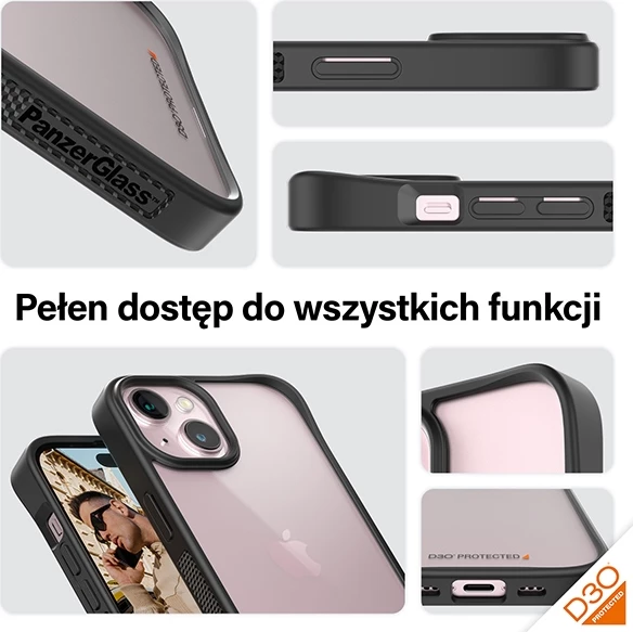 Ovitek za telefon PanzerGlass ClearCase za iPhone 15, prozoren in črn