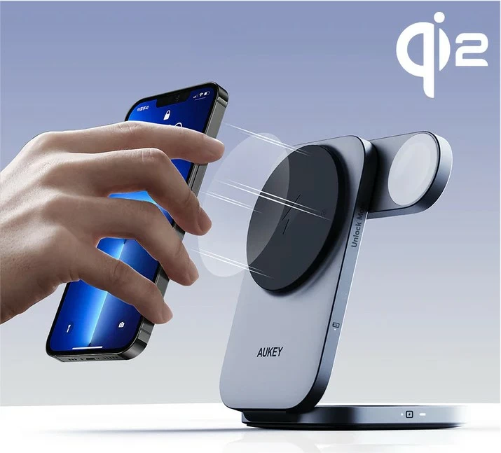 Brezžični 3-v-1 polnilec AUKEY LC-MC312 MagSafe Qi2, 15W + PD 30W, siv, s torbico za prenašanje
