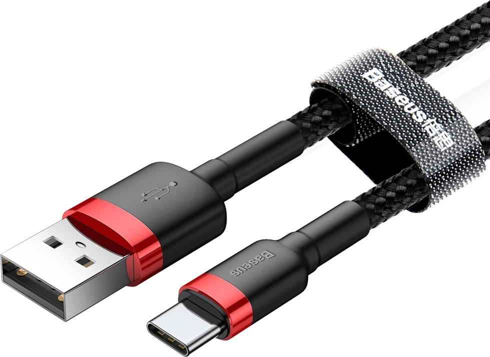 Kabel za hitro polnjenje in prenos podatkov Baseus Cafule CATKLF-A91 USB-A v USB-C, 0,5 m, 3A, QC 3.0, črno-rdeč