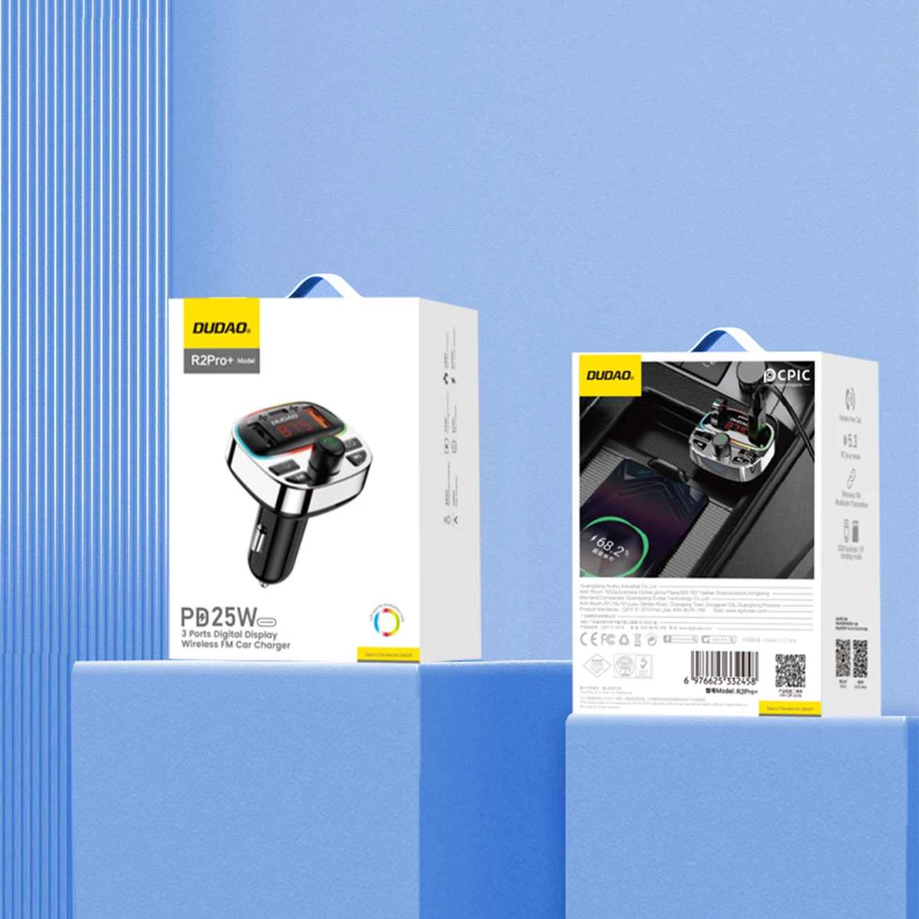 Bluetooth oddajnik za avto Dudao R2PRO+, PD 25W, Bluetooth 5.3, RGB, črn in srebrn