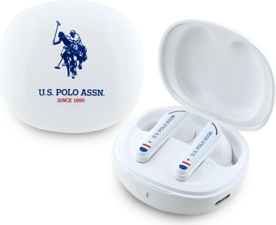 Brezžične TWS slušalke U.S. Polo Assn. DH Logo, Bluetooth 5.4, z ohišjem za polnjenje, bele