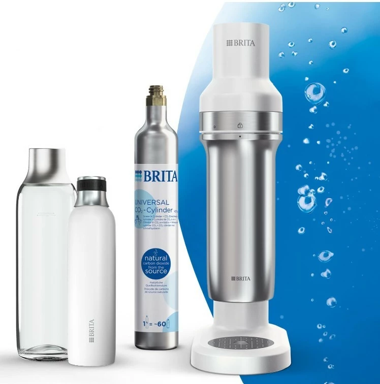 Saturator za vodo, Brita sodaTRIO, inox/bela, s CO2 cilindrom in dvema steklenicama