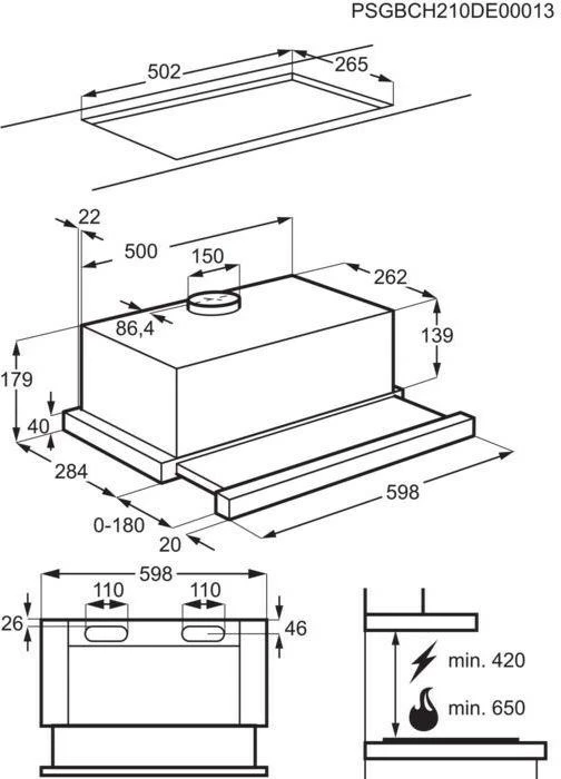 Teleskopska kuhinjska napa Electrolux LFP326FB, 410 m³/h, črna