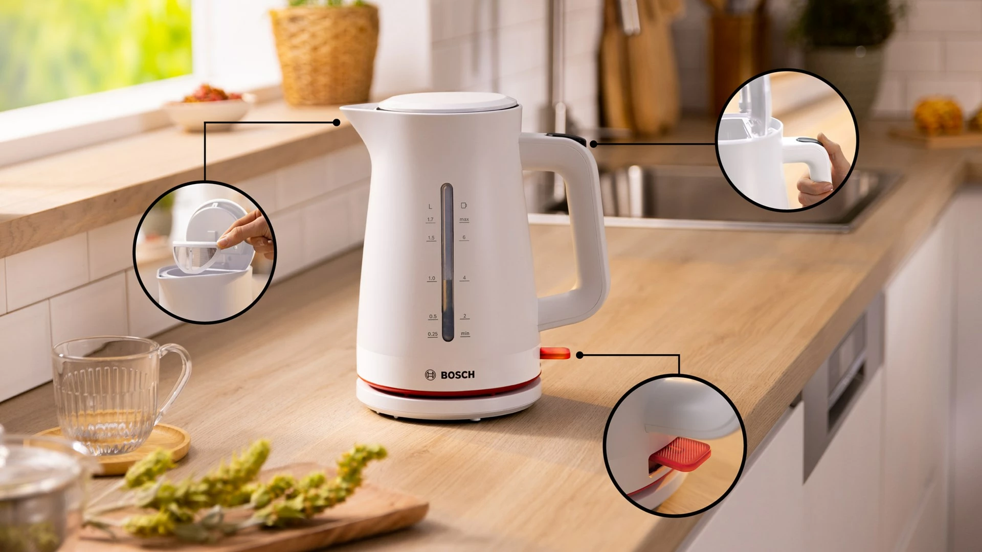 Električni kuhalnik vode Bosch TWK3M121, 1,7 L, 2400 W, bel