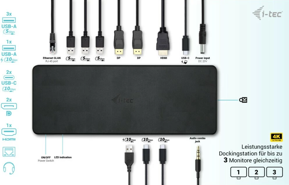Dvojno/tri zaslonska postaja USB-C I-Tec Triple Display Gen 2 Pro, 100 W, 3x monitor, 6x USB, LAN, črna