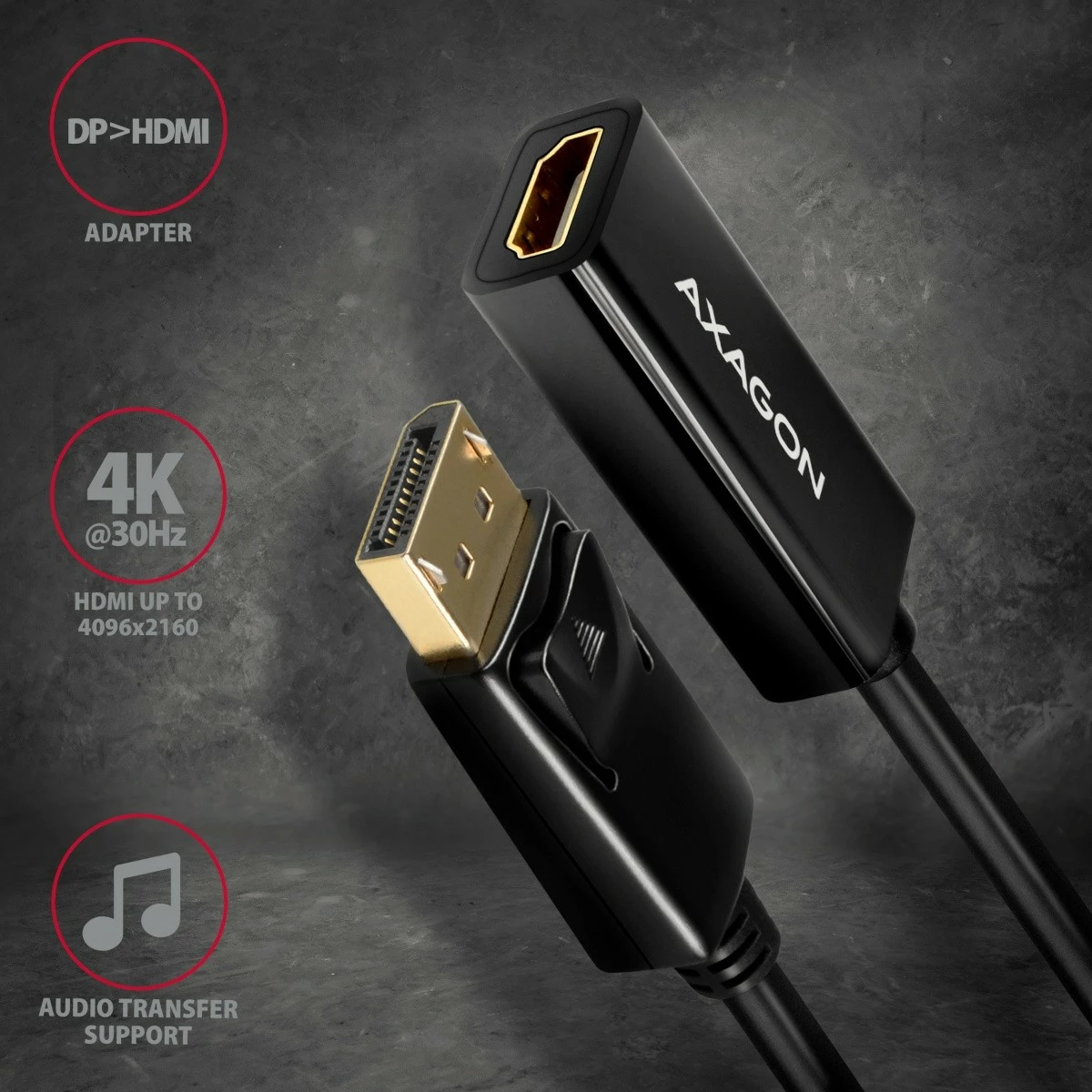 Aktivni adapter DisplayPort na HDMI AXAGON RVD-HI14N, 4K/30Hz, 18 cm, črn Aktivni adapter DisplayPort na HDMI AXAGON RVD-HI14N, 4K/30Hz, 18 cm, črn