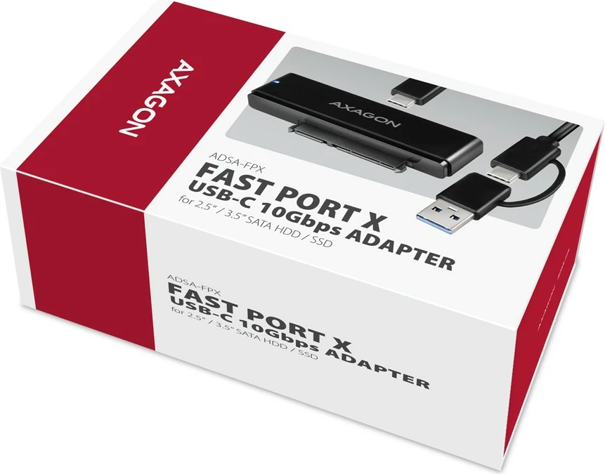 Adapter USB-C na SATA, 10Gbps, za SSD/HDD 2,5"/3,5", z napajanjem, 60 cm kabel, črno AXAGON ADSA-FPX Adapter USB-C na SATA, 10Gbps, za SSD/HDD 2,5"/3,5", z napajanjem, 60 cm kabel, črno AXAGON ADSA-FPX