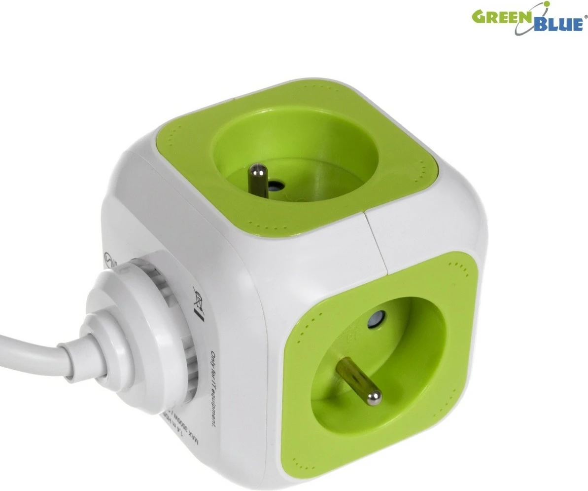 Večvtičnica z USB GreenBlue MagicCube GB118, 4 vtiči, 2× USB, 1,4 m, bela/zelena