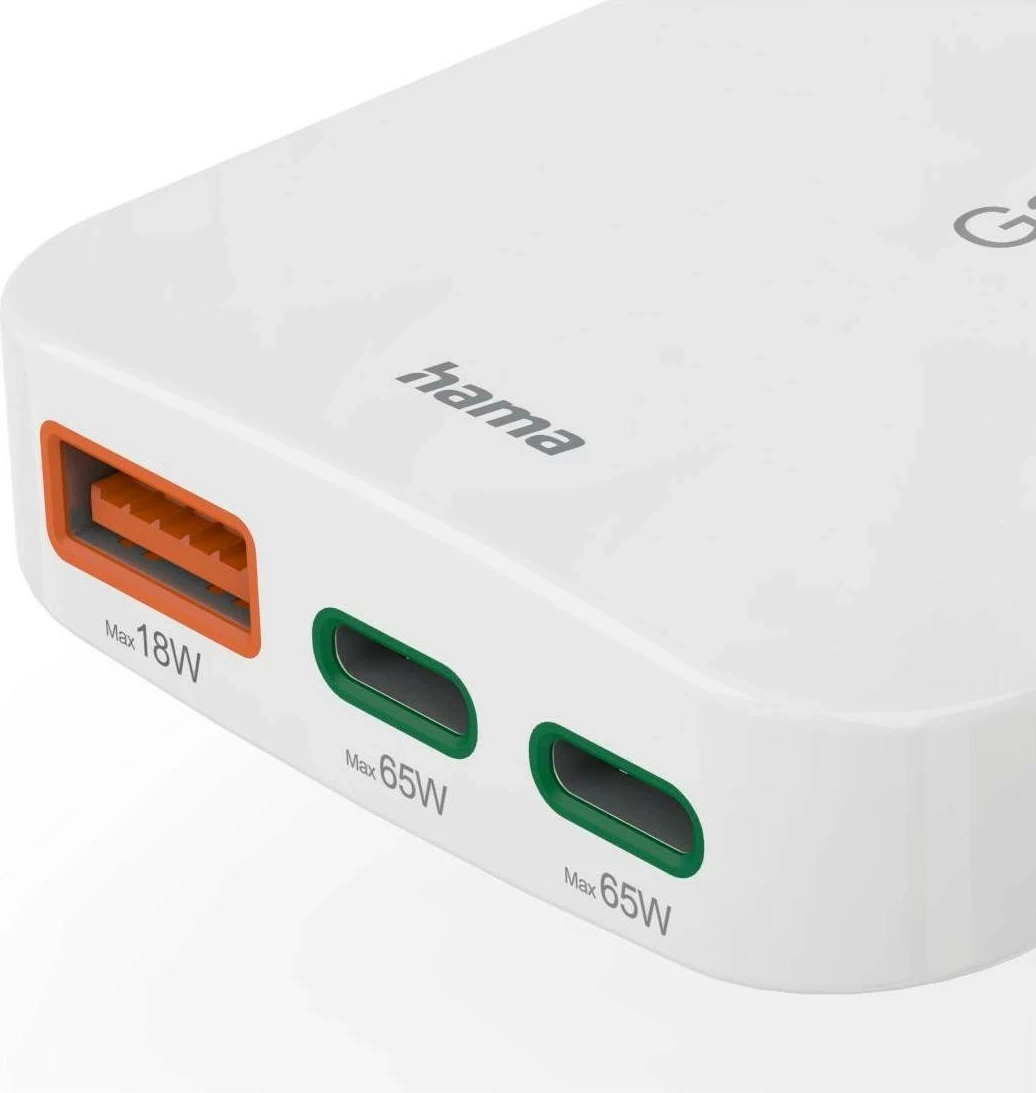 65W GaN polnilec Hama, 2× USB-C, 1× USB-A, bel