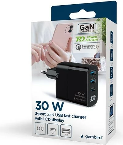 3-portni zidni polnilec, 30W, LCD zaslon Gembird TA-UC-PDQC30LCD-BK-02, črn
