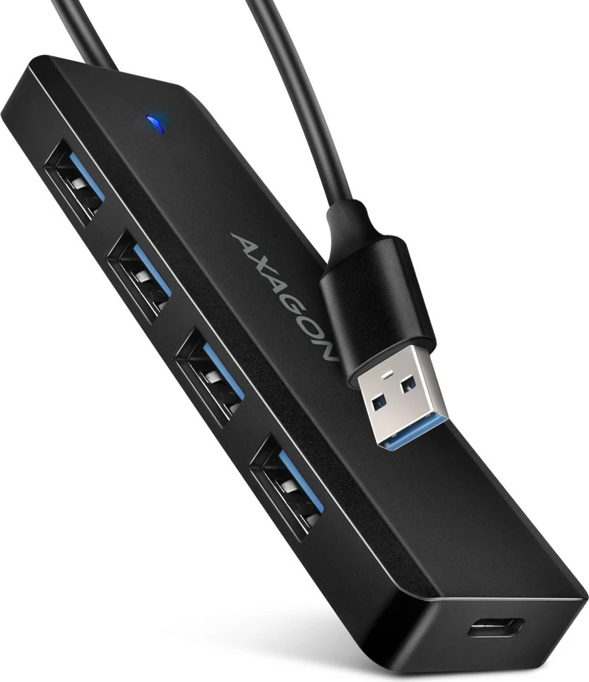 Razdelilec USB, AXAGON HUE-C1A, 4 vrata USB 5Gbps, USB-C napajanje, 19 cm kabel, črn