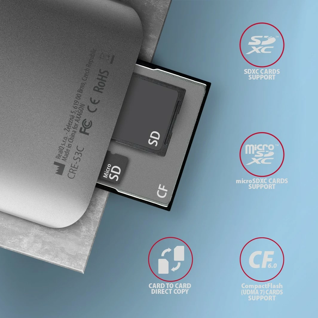 Bralnik kartic AXAGON CRE-S3C, USB-C, 3 reže, aluminij, siv Bralnik kartic AXAGON CRE-S3C, USB-C, 3 reže, aluminij, siv