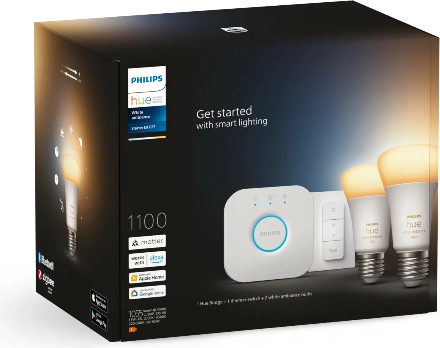 Pametna svetlobna kompleta Philips Hue White ambience, 2x E27 (1100) + stikalni zatemnilnik, Bluetooth/Zigbee, LED, E27, A60, bela