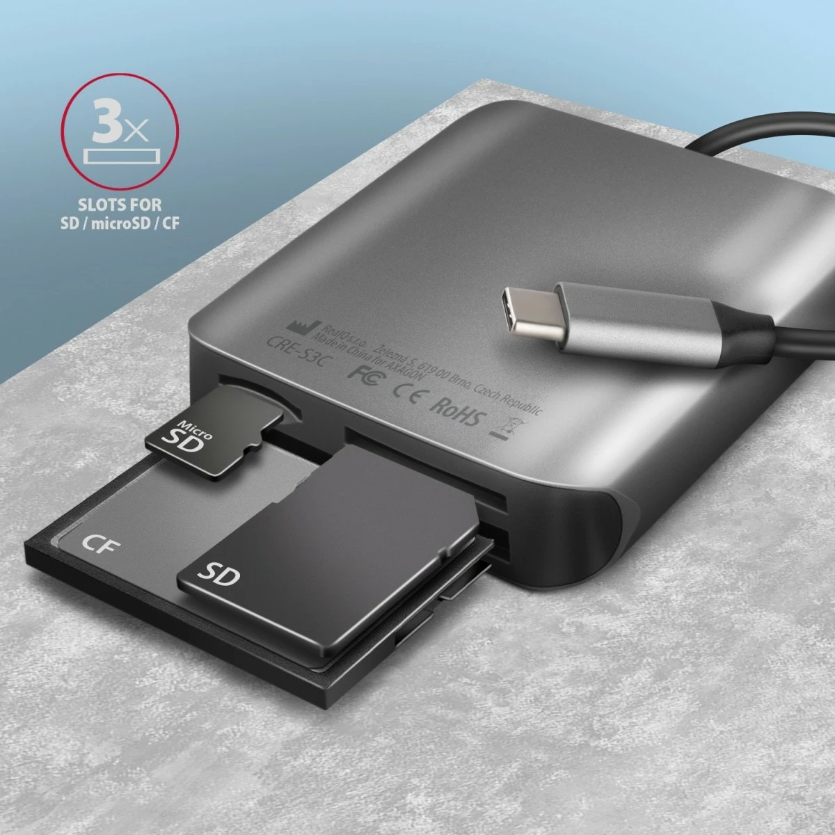 Bralnik kartic AXAGON CRE-S3C, USB-C, 3 reže, aluminij, siv Bralnik kartic AXAGON CRE-S3C, USB-C, 3 reže, aluminij, siv