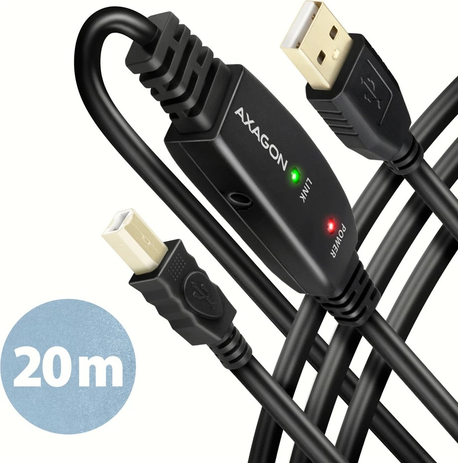 Aktivni USB 2.0 kabel, AXAGON ADR-220B, 20 m, za tiskalnik, črn
