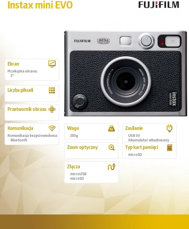 Hibridni fotoaparat, 28 mm, f/2.0, zaslon 3", Bluetooth, črn — Fujifilm Instax mini EVO