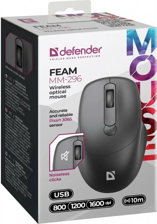 Brezžični miš Defender Feam MM-296 RF, 1600 DPI, črn