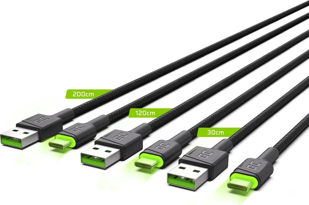 Komplet kablov USB-C z zeleno LED osvetlitvijo, Green Cell GC Ray 3x, 30 cm, 120 cm, 200 cm, hitro polnjenje