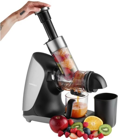 Počasen sokovnik za sadje in zelenjavo Concept Nutriboost LO7250, 200 W, 0,6 L, inox vijak, odprtina 76 mm, 65 dB, črno/krom