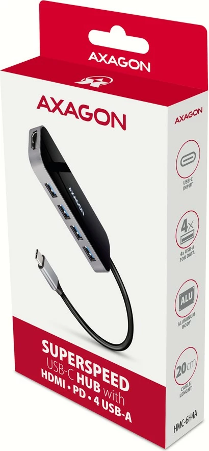 Večportni USB-C hub, 4x USB-A, HDMI, USB-C 3.2 Gen 1, PD 100W, 20 cm, črn, AXAGON HMC-6H4A Večportni USB-C hub, 4x USB-A, HDMI, USB-C 3.2 Gen 1, PD 100W, 20 cm, črn, AXAGON HMC-6H4A