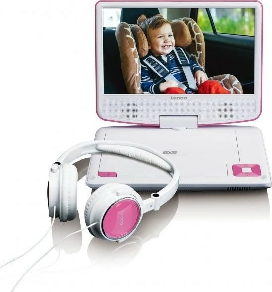 Prenosni DVD predvajalnik Lenco DVP-910, 9-palčni, USB, z držalom za avto, roza/bel