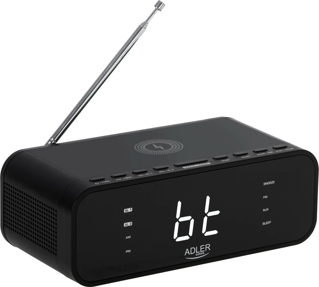 Radio-alarmska naprava Adler AD 1192B, Bluetooth, brezžično polnjenje, USB, črna