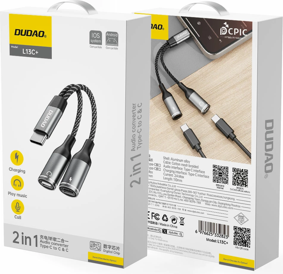 Adapter USB-C 2-v-1, Dudao L13C+, 1,2 m, siv