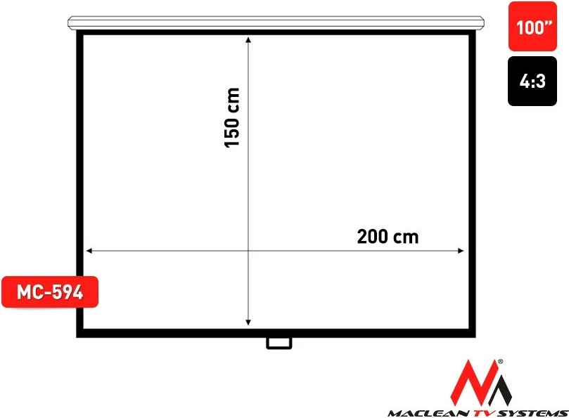 Projekcijsko platno, Maclean MC-594, 100" 4:3, ročno, 200 x 150 cm, mat belo