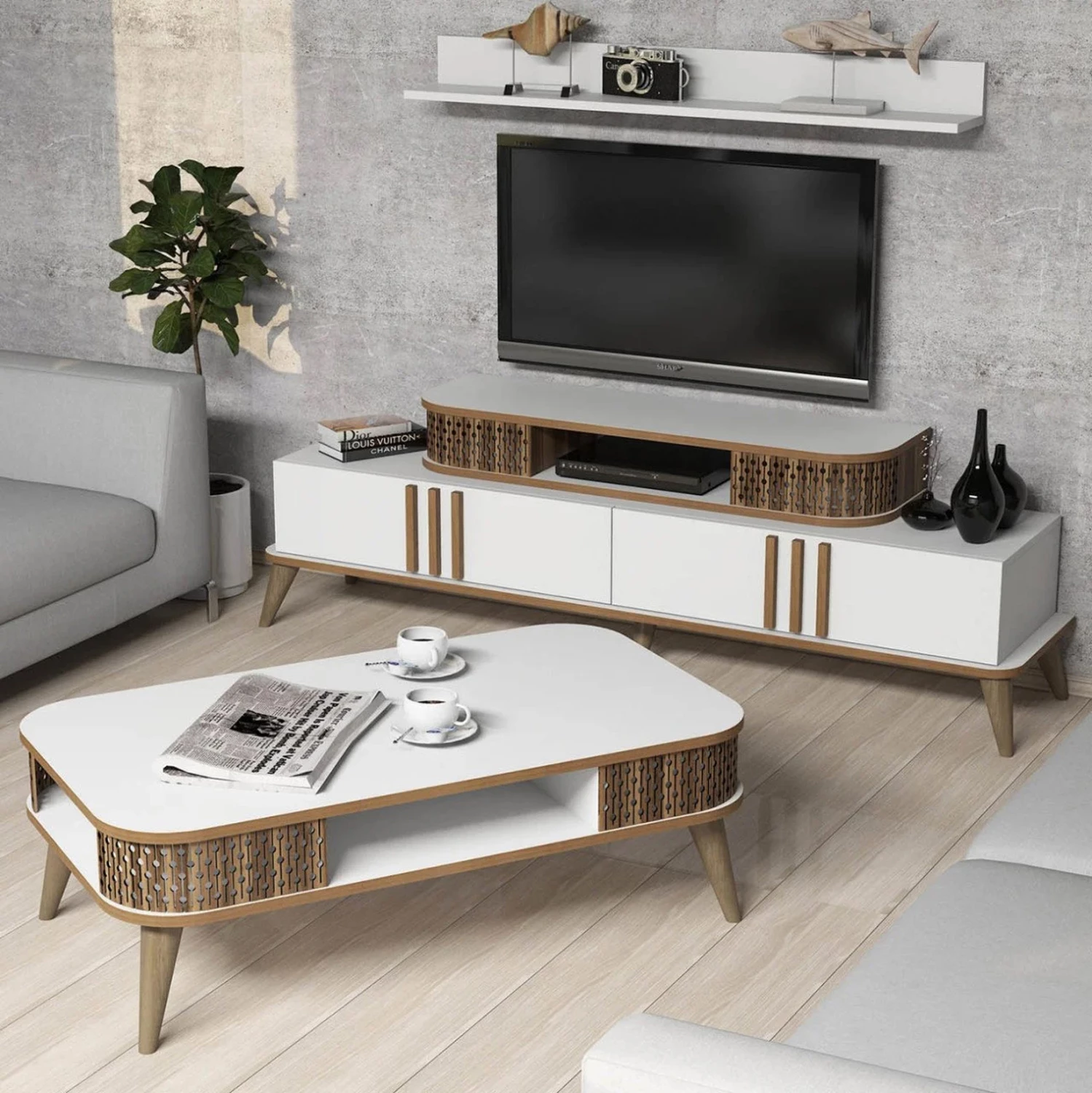 Sestava dnevne sobe FH11848.03 2 kosa v beli in orehovi barvi