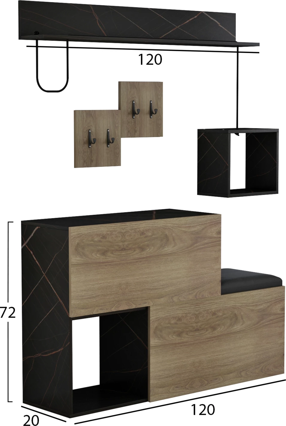 Pohištveni set za predsobo CERB FH8957.12 melamin v naravno-črnem marmorju 120x20x72H cm