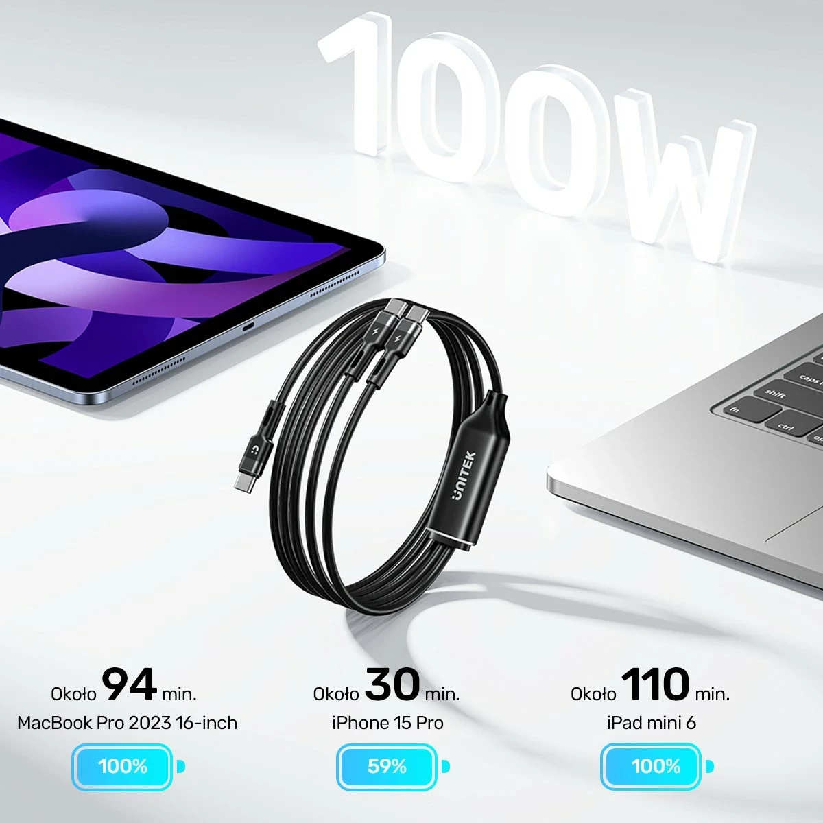 Kabel USB-C 2 v 1, PD 100 W, silikon, 1,8 m, črn Unitek