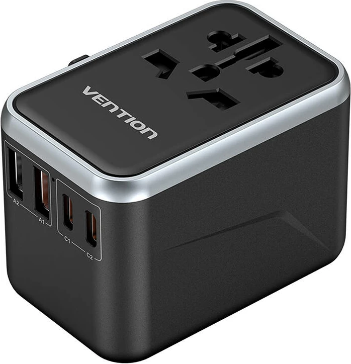 Univerzalni potovalni adapter Vention FJFB0, 2x USB-C, 2x USB-A, 65 W, črn