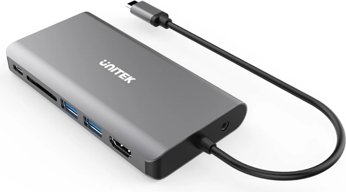 Razširitveni hub USB-C 8-v-1, Unitek D1019B, HDMI, VGA, RJ45, SD, PD 100W, siv