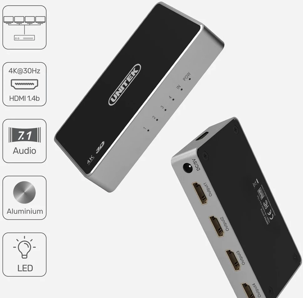 Razdelilec HDMI, 1 v 4, črno-srebrn, Unitek