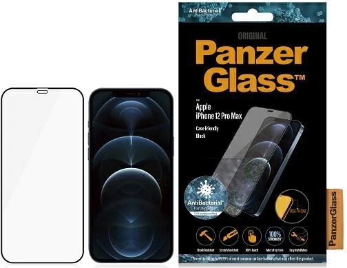 Zaščitno steklo E2E Super+ Microfracture PanzerGlass za iPhone 12 Pro Max, antibakterijsko, črn okvir