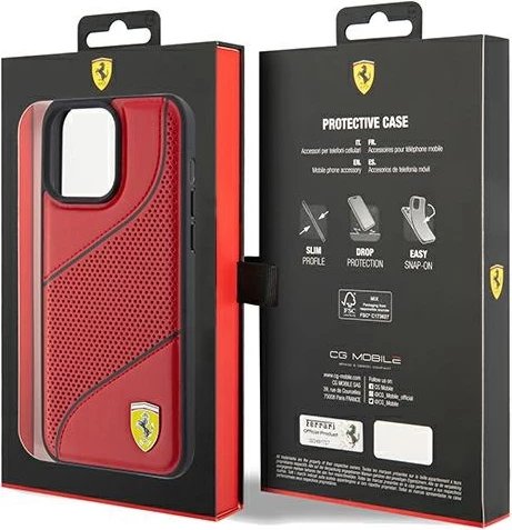 Ovitek Perforated Waves z metalnim logotipom Ferrari za iPhone 15 Pro, rdeč