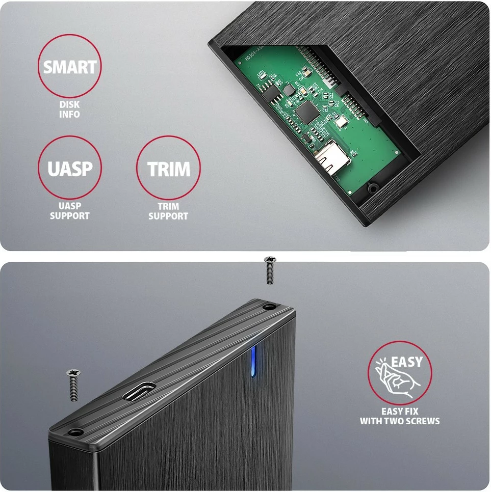 Računalniško ohišje za zunanje diske AXAGON EE25-XA6C, 2,5", USB-C 3.2 Gen 1, aluminij, črno Računalniško ohišje za zunanje diske AXAGON EE25-XA6C, 2,5", USB-C 3.2 Gen 1, aluminij, črno