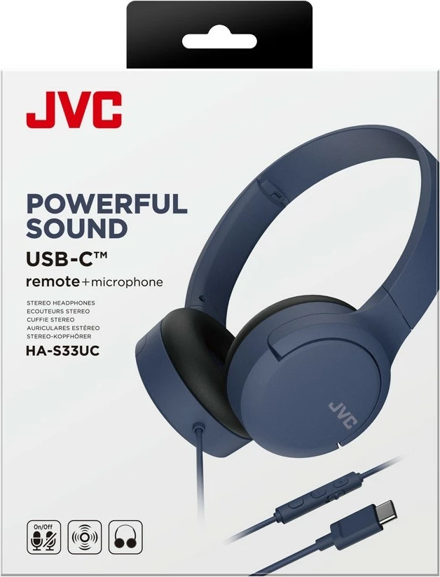 Slušalke USB-C z mikrofonom, kontrola zvoka, on-ear, modre, JVC HA-S33UC