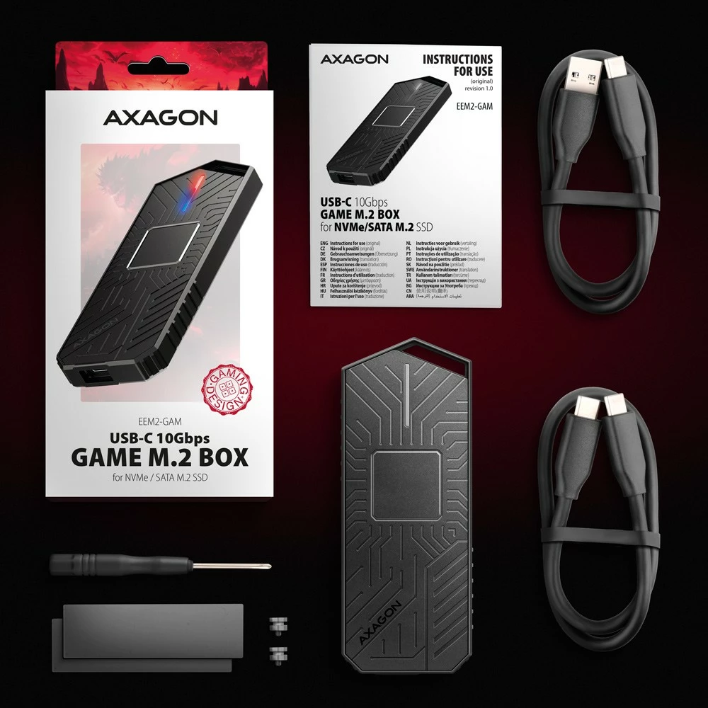 Zunanji aluminijast ohišje za SSD M.2 NVMe/SATA, USB-C 3.2 Gen 2, AXAGON EEM2-GAM, črno Zunanji aluminijast ohišje za SSD M.2 NVMe/SATA, USB-C 3.2 Gen 2, AXAGON EEM2-GAM, črno