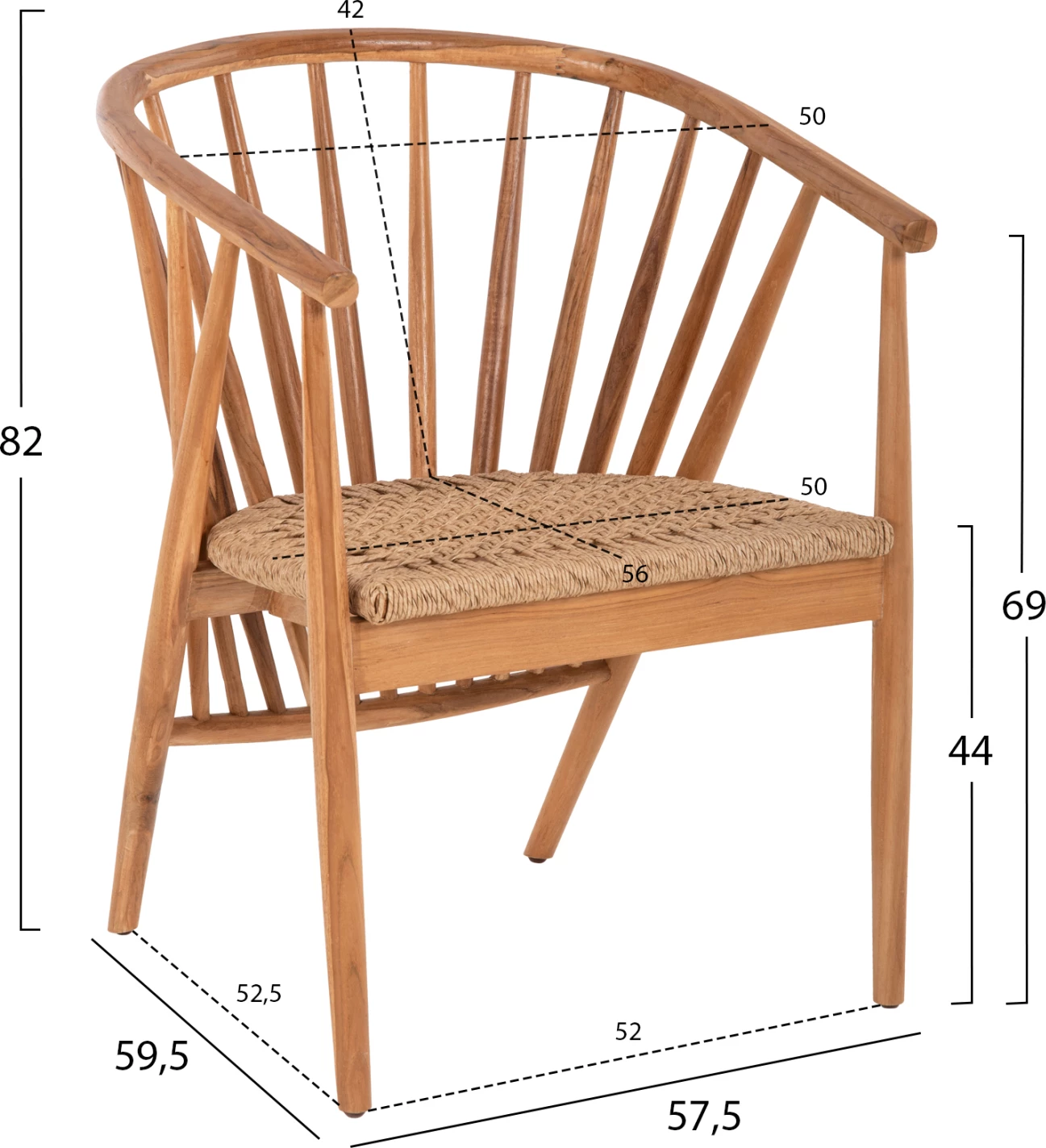 Fotelj iz tikovine in sintetične vrvi v naravni barvi 60x63x82H cm