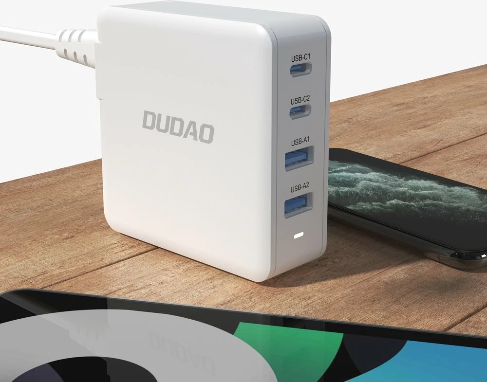 Stenski polnilec GaN 100 W, 2x USB-C, 2x USB-A, Dudao A100EU, bel