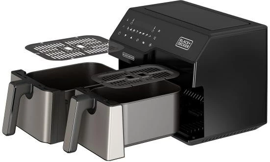 Cvrtnik na vroči zrak, dvojen, na dotik Black+Decker BXAF9000E, 2500 W, črn/nerjaveče jeklo