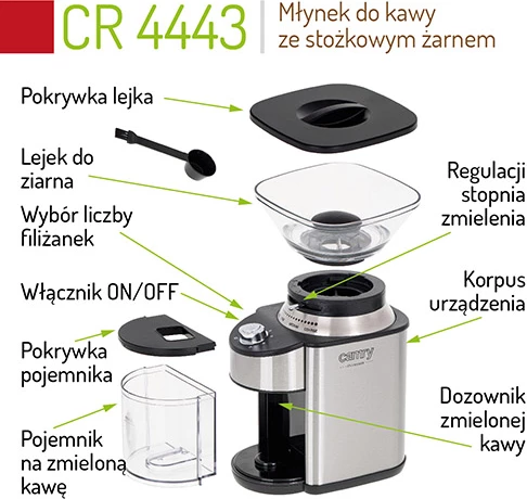Mlinček za kavo s koničnim brusnim mehanizmom, Camry CR 4443, 200 W, 16 stopenj mletja, posoda 230 g, nerjaveče jeklo, srebrno/črn