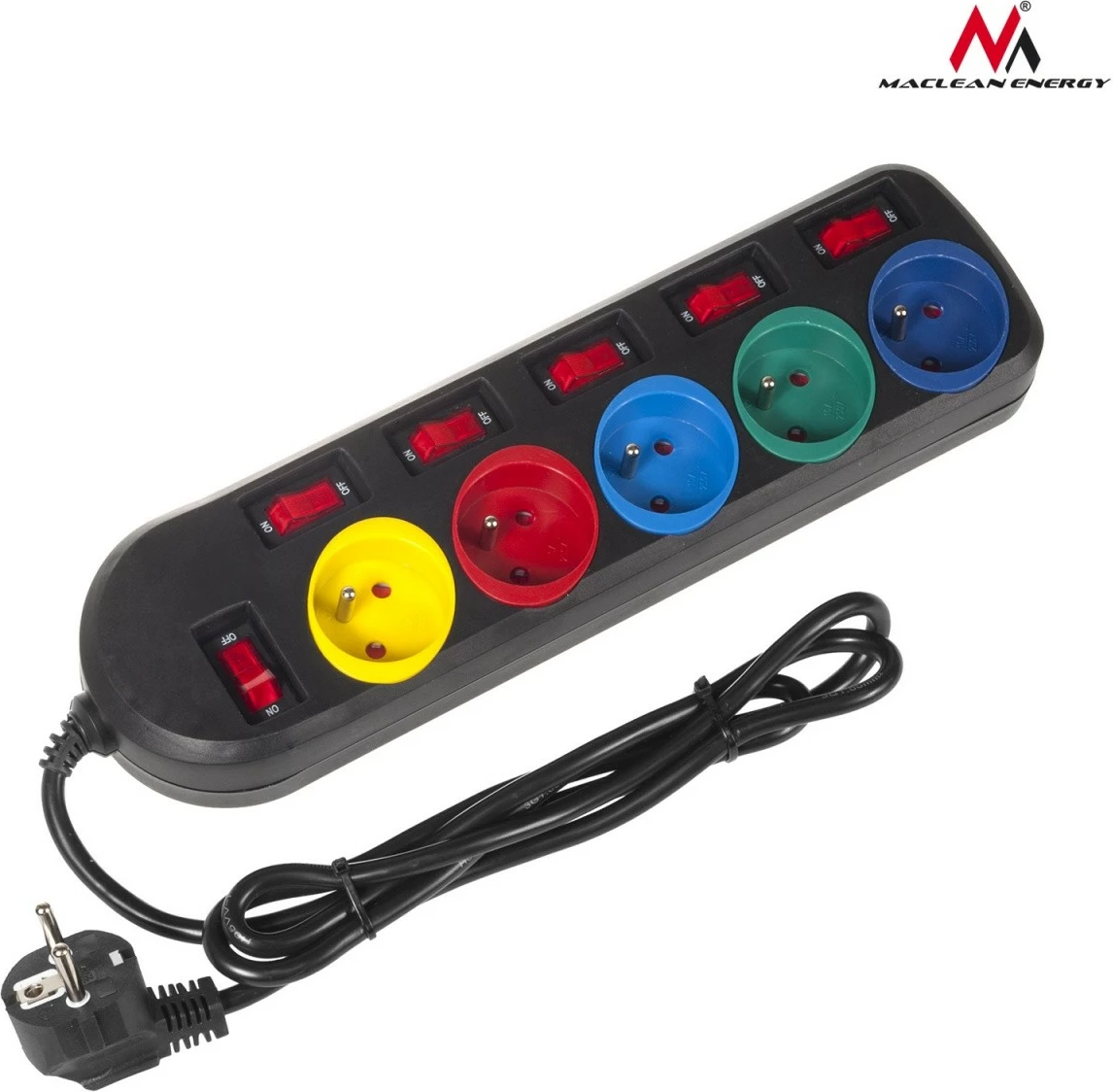 Večbarvna električna razdelilna doza Maclean MCE204M, 5 vtičnic, 1,5 m, z individualnimi stikali